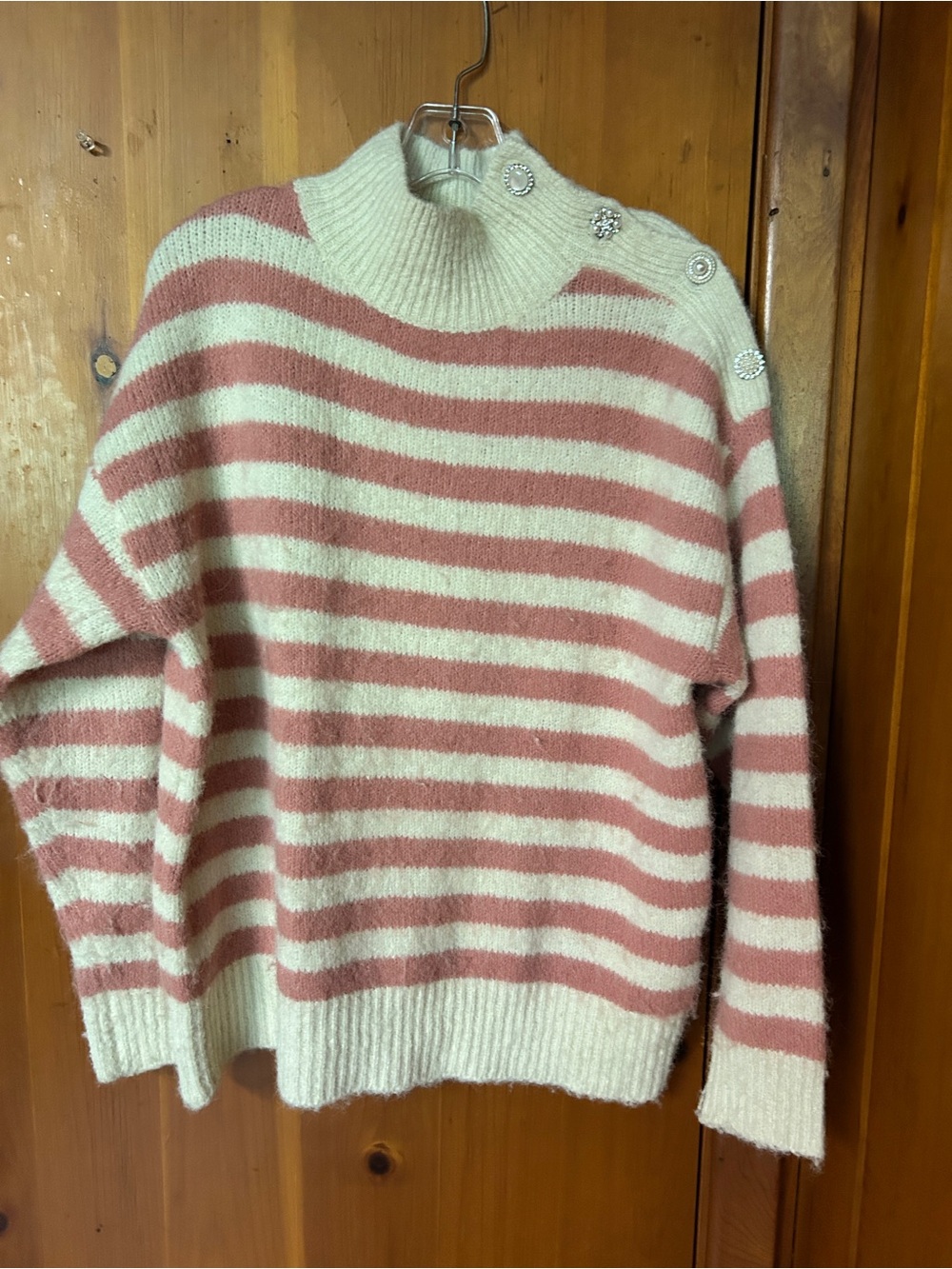 Pink & White Striped Sweater with Shoulder Buttons